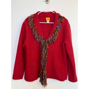 Ruby Rd Womens Red Boiled Wool Fringe Jacket Hook Eye Closure Medium RN107680
